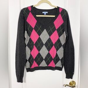 Y2K Izod Argyle V-Neck Sweater Gray Pink Green Cotton M